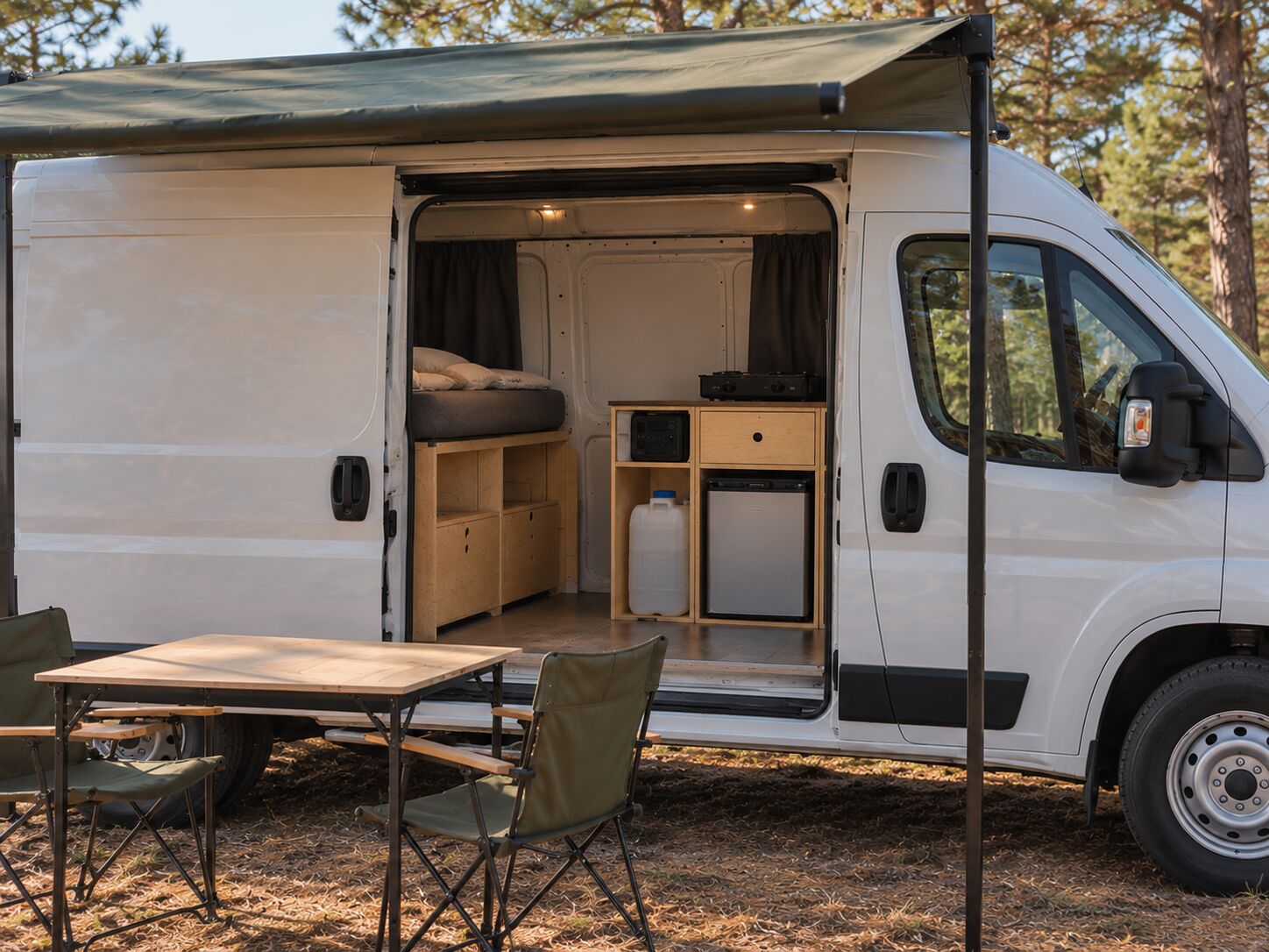 Furgoneta con kit camper Nivel 2: cama, módulo de cocina con nevera frente a la puerta lateral, toldo y mesa plegable