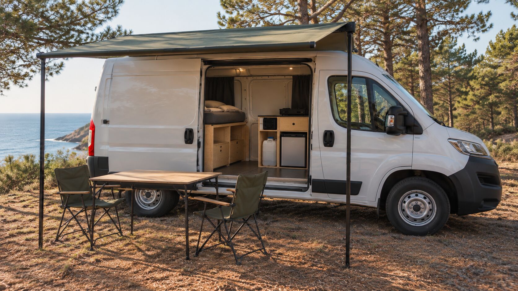 Furgoneta Fiat Ducato con kit camper de madera, puerta lateral abierta, toldo y mesa en un pinar junto al mar